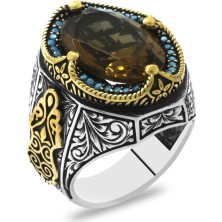 Okyanus Silver Faset Kesim Zultanit Taşlı Yanları Firuze Taş Mıhlamalı Gotik Süslemeli 925 Ayar Gümüş Erkek Yüzük