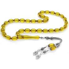 Okyanus Silver 925 Ayar Gümüş Çift Püsküllü Arpa Kesim Şeffaf Sarı Ateş Kehribar Tesbih