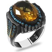 Okyanus Silver Faset Kesim Zultanit Taşlı Yanları Firuze Taş Mıhlamalı Dikit Detaylı 925 Ayar Gümüş Erkek Yüzük