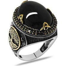 Okyanus Silver Oval Tasarım Hayat Ağacı Desenli Oniks Taşlı 925 Ayar Gümüş Erkek Yüzük