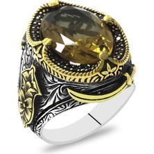 Okyanus Silver Faset Kesim Zultanit Taşlı Yanları Mikro Taş Mıhlamalı Kılıç Temalı 925 Ayar Gümüş Erkek Yüzük