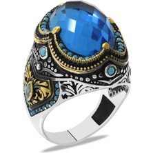 Okyanus Silver Faset Turkuaz Zirkon Taşlı Kral Tacı Tasarım 925 Ayar Gümüş Erkek Yüzük