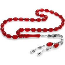 Okyanus Silver 925 Ayar Gümüş Çift Püsküllü Arpa Kesim Bayrak Kırmızı Ateş Kehribar Tesbih