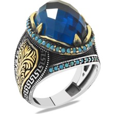 Okyanus Silver Faset Kesim Turkuaz Zirkon Taşlı Oval Tasarım Grek Süslemeli 925 Ayar Gümüş Erkek Yüzük