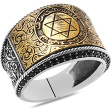 Okyanus Silver Siyah Zirkon Taşlı Mühr-I Süleyman Işlemeli 925 Ayar Gümüş Erkek Yüzük