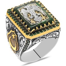 Okyanus Silver Sıkma Kehribar Taşlı Ayyıldız Detaylı Selçuklu Kartalı Motifli 925 Ayar Gümüş Erkek Yüzük