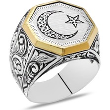 Okyanus Silver Gravür Desenli Ayyıldız Motifli Sekizgen Tasarım 925 Ayar Gümüş Erkek Yüzük