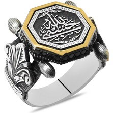 Okyanus Silver Otantik Tasarım Siyah Zirkon Taşlı Hüsn-I Hat Hasbünallah Yazılı 925 Ayar Gümüş Erkek Yüzük