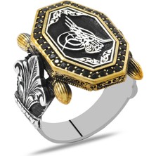 Okyanus Silver Siyah Zirkon Taş Mıhlamalı Tuğra Motifli Sekizgen Tasarım 925 Ayar Gümüş Erkek Yüzük