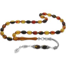 Okyanus Silver 925 Ayar Gümüş Püsküllü Arpa Kesim Bala-Siyah Ateş Kehribar Tesbih