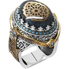 Okyanus Silver Mavi Sıkma Kehribar Taş Üzeri Selçuklu Deseni Motifli 925 Ayar Gümüş Erkek Yüzük