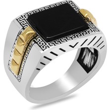 Okyanus Silver Kare Tasarım Siyah Oniks Taşlı Greek Desenli 925 Ayar Gümüş Erkek Yüzük