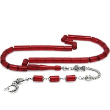 Okyanus Silver Kararmaz Metal Püsküllü Kesme Kesim Kırmızı Ateş Kehribar Tesbih