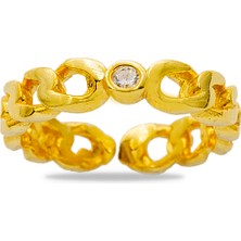 Okyanus Silver Zirkon Taşlı Zincir Tasarım Gold Renk 925 Ayar Gümüş Kadın Tektaş Yüzük