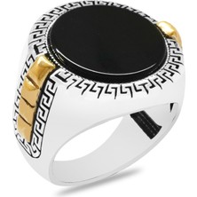 Okyanus Silver Oval Tasarım Siyah Oniks Taşlı Greek Desenli 925 Ayar Gümüş Erkek Yüzük
