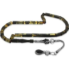 Okyanus Silver 1000 Ayar Gümüş Kazaz Püsküllü Kesme Kesim Siyah-Beyaz Ateş Kehribar Tesbih