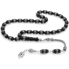 Okyanus Silver 925 Ayar Gümüş Püsküllü Baklava Desenli Arpa Kesim Rus Oltu Tesbih