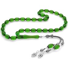 Okyanus Silver 925 Ayar Gümüş Çift Püsküllü Arpa Kesim Yeşil Ateş Kehribar Tesbih