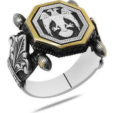 Okyanus Silver Otantik Tasarım Siyah Zirkon Taşlı Selçuklu Kartalı Işlemeli 925 Ayar Gümüş Erkek Yüzük