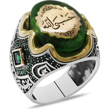 Okyanus Silver Yeşil Kehribar Üzerine Hüsn-I Hat Hasbiyallah Yazılı 925 Ayar Gümüş Erkek Yüzük