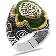 Okyanus Silver Yeşil Kehribar Üzeri Anadolu Motifli Yanları Gravür Işlemeli 925 Ayar Gümüş Erkek Yüzük