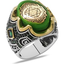 Okyanus Silver Yeşil Kehribar Üzerine Mühr-I Süleyman Işlemeli 925 Ayar Gümüş Erkek Yüzük