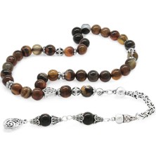 Okyanus Silver Koleksiyonluk 925 Ayar Gümüş Püsküllü Küre Kesim Kırmızı-Siyah Akik Doğaltaş Tesbih