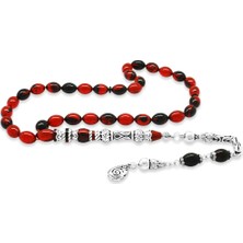 Okyanus Silver 925 Ayar Gümüş Kral Püsküllü Nakkaş Imameli Lale Tasarım Kırmızı-Siyah Ateş Kehribar Tesbih