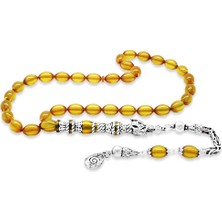 Okyanus Silver 925 Ayar Gümüş Kral Püsküllü Nakkaş Imameli Kurt Başı Tasarım Sarı Ateş Kehribar Tesbih