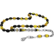 Okyanus Silver 925 Ayar Gümüş Kral Püsküllü Püsküllü Gümüş Minare Nakkaş Imameli Sarı-Siyah Ateş Kehribar Tesbih