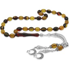 Okyanus Silver Kararmaz Metal Ayyıldız Püsküllü Arpa Kesim Bala-Siyah Ateş Kehribar Tesbih