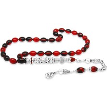 Okyanus Silver 925 Ayar Gümüş Kral Püsküllü Nakkaş Imameli Cevşen Tasarım Kırmızı-Siyah Ateş Kehribar Tesbih