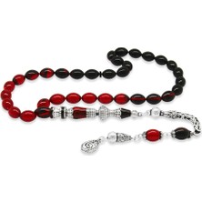 Okyanus Silver 925 Ayar Gümüş Kral Püsküllü Nakkaş Imameli Süzme Kırmızı-Siyah Ateş Kehribar Tesbih