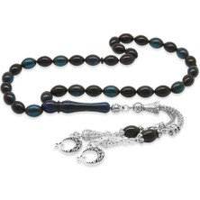 Okyanus Silver Kararmaz Metal Ayyıldız Püsküllü Arpa Kesim Turkuaz-Siyah Ateş Kehribar Tesbih