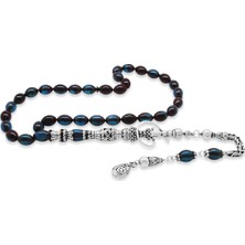 Okyanus Silver 925 Ayar Gümüş Kral Püsküllü Nakkaş Imameli Nargile Tasarım Mavi-Siyah Sıkma Kehribar Tesbih