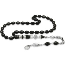 Okyanus Silver 925 Ayar Gümüş Kral Püsküllü Nakkaş Imameli Siyah Sıkma Kehribar Tesbih