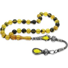 Okyanus Silver 1000 Ayar Gümüş Kazaz Püsküllü Küre Kesim Sarı-Siyah Ateş Kehribar Tesbih