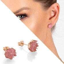 Tesbihname Pembe Zirkon Taşlı Lotus Çiçeği Tasarım 925 Ayar Gümüş Küpe