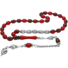 Okyanus Silver Kararmaz Metal Püsküllü Kişiye Özel Isim Yazılı Kırmızı-Siyah Ateş Kehribar Tesbih