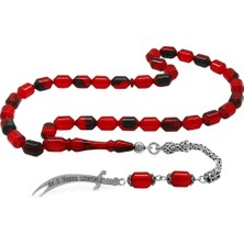 Okyanus Silver 925 Ayar Gümüş Kral Püsküllü Uçlu Kapsül Kesim Kırmızı-Siyah Ateş Kehribar Tesbih