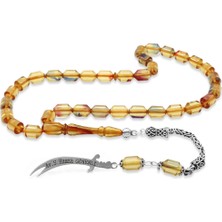 Tesbihname 925 Ayar Gümüş Kral Püsküllü Uçlu Kapsül Kesim Şeffaf Bonibon Ateş Kehribar Tesbih