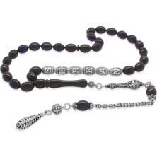 Gümüş Hediye Al Kararmaz Metal Püsküllü Kişiye Özel Isim Yazılı Lacivert Sıkma Kehribar Tesbih