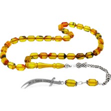 Gümüş Hediye Al 925 Ayar Gümüş Kral Püsküllü Uçlu Kapsül Kesim Şeffaf Bala-Siyah Ateş Kehribar Tesbih