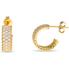 Tesbihname Zirkon Taşlı Yarım Tur Gold Renk 925 Ayar Gümüş Kadın Küpe