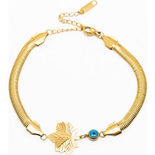 Gümüş Hediye Al Gold Renk Kararmaz Metal Snake Zincirli Çınar Yaprağı Tasarım Nazar Boncuğu Detaylı Kadın Bileklik