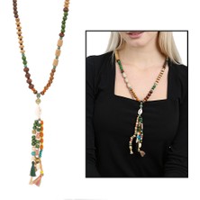 Gümüş Hediye Al El Yapımı Etnik Ahşap Kombinli Yeşil Renk Geçişli Deniz Kabuğu Detaylı Otantik Kolye