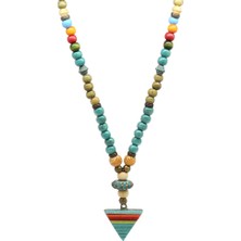 Gümüş Hediye Al El Yapımı Etnik Ahşap Kombinli Turkuaz Renk Geçişli Mızrak Uçlu Otantik Kolye