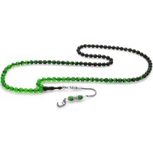 Tesbihname 925 Ayar Gümüş Püsküllü Küre Kesim Süzme Yeşil-Siyah Ateş Kehribar 99LUK Tesbih