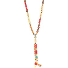 Tesbihname El Yapımı Etnik Ahşap Kombinli Kırmızı Renk Geçişli Deniz Kabuğu Detaylı Otantik Kolye