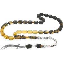 Gümüş Hediye Al 925 Ayar Gümüş Kral Püsküllü Uçlu Kapsül Kesim Süzme Siyah-Beyaz Ateş Kehribar Tesbih